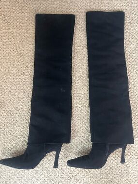 Calvin Luo Over the Knee Suede Fold Over Heeled Boots